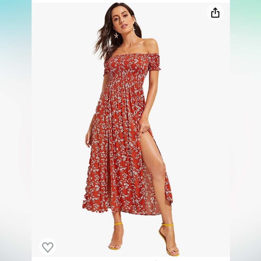 Women's Boho Floral Print Off Shoulder Split Long A-Line Red Dress